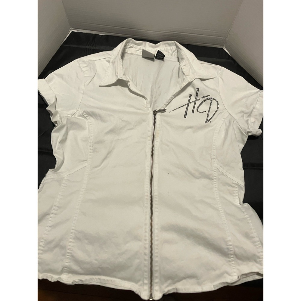 Harley-Davidson Womens Short Sleeve White Full Zip Mechanic Shirt Rhinestone XL